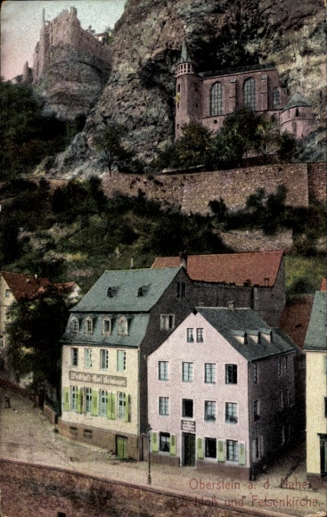 PC Oberstein on the Nahe, castle, rock church, houses on the river, colored illustration