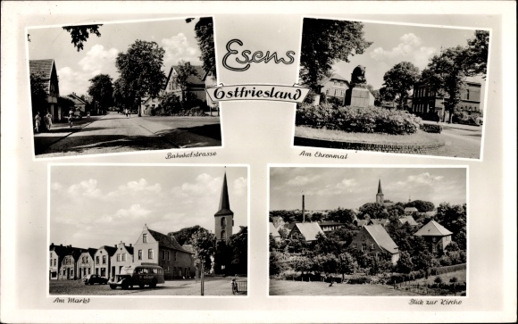 Postcard Esens in Ostfriesland, partial view, memorial, Bahnhofstrasse