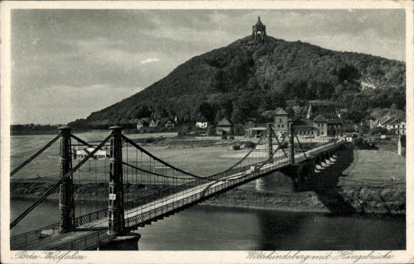 Ak Porta Westfalica aan de Wezer, Wittekindsberg met hangbrug, restaurant