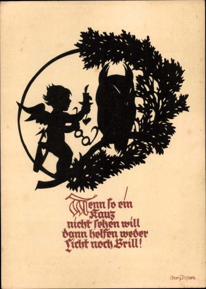 Paper cut Postcard Plischke, Georg, If such an owlet doesn&#39;t want to see, angel, owl, glasses