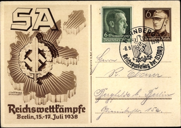 Ganzsachen Künstler Ak Axster Heudtlaß, SA Reichswettkämpfe Berlin 1938