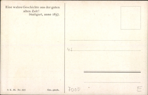Kunstenaarskaart Stuttgart am Neckar, een waargebeurd verhaal uit goede tijden, fontein, 1837