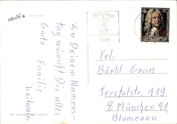 Postcard Mecki the Hedgehog, Typewriter, Congratulations, Flowers