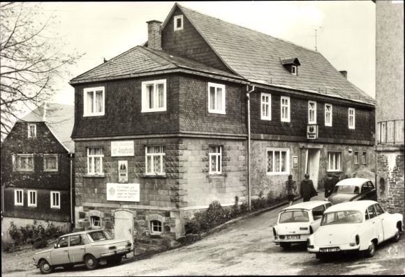 Postcard Meura in the Thuringian Forest, FDGB Ferienheim Zur Angerlinde, cars