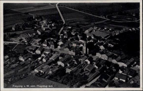 Postcard Freyung in the Bavarian Forest, aerial view, city view, buildings, fields