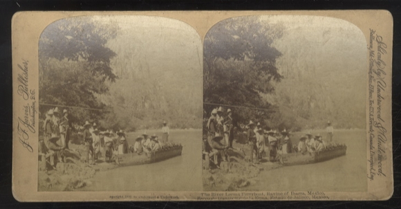 Stereo photo, Mexico, locals, ferry on the Lerma River, Ibarra Gorge