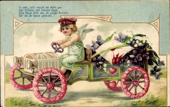 Embossed Postcard angel in a car, flowers, hearts, kitsch