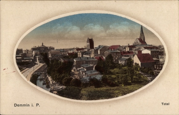 Ak Demmin in West-Pommeren, stadsgezicht met kerk, historische gebouwen