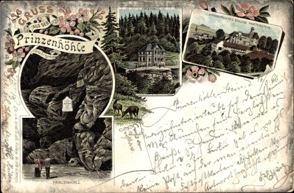 Chromo-Litho Hartenstein in the Ore Mountains of Saxony, Prince's Cave, Forester's House, Hartenstein Castle