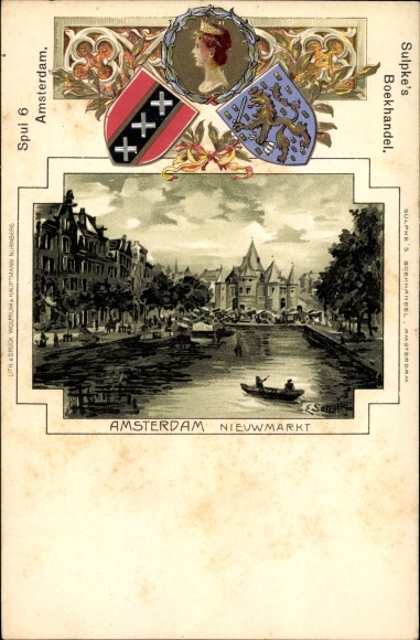 Coat of Arms Chromo-Litho Amsterdam Nordholland Niederlande, Nieuwmarkt, Sulpke&#39;s Boekhandel, Wilhelmina