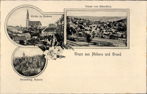 Ak Grund Mohorn Wilsdruff Saksen, kerk, Heidelberg, panorama vanaf Silberblick