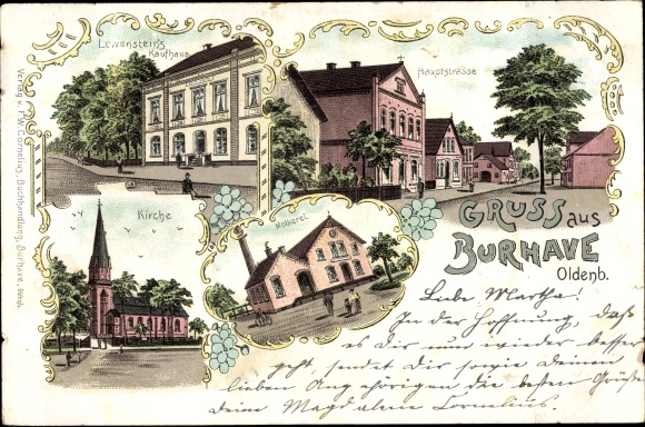 Chromo-Litho Burhave Butjadingen Wesermarsch, church, main street, dairy, Lewensteins department store