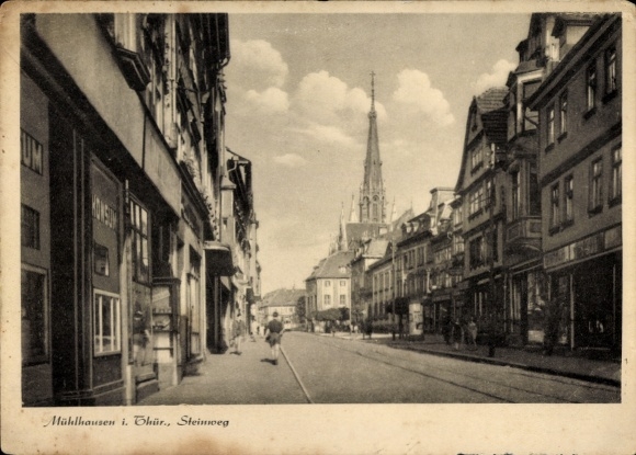 Postcard Mühlhausen in Thuringia, Steinweg, church, advertising column, shops