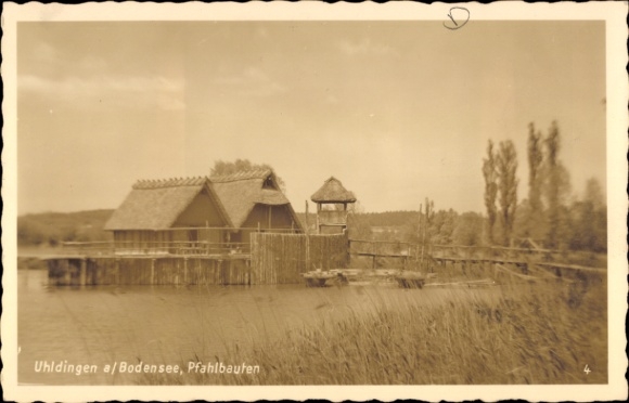 Postcard Uhldingen Mühlhofen am Bodensee, pile dwellings on Lake Constance, water, trees, no people