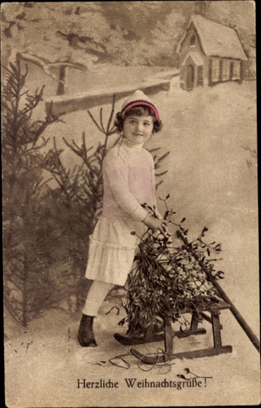 Postcard Congratulations Christmas, child, sleigh, fir trees