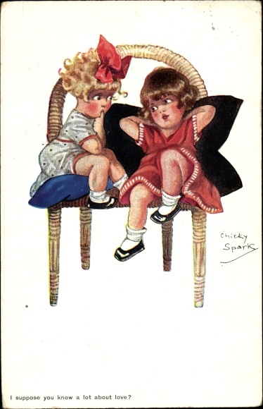 Artist Postcard Spark, Chicky, Two Girls on a Wicker Chair, I suppose you know a lot about love