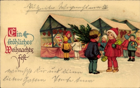 Ak gefeliciteerd Kerstmis, kinderen, markt, sneeuw, peperkoek