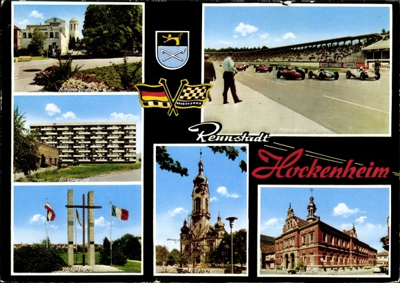 Postcard Hockenheim in Baden, Hockenheimring, Motodrom, car races, church, cross of nations