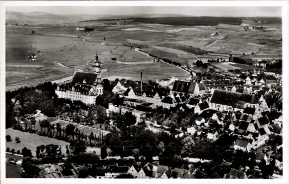 Postcard Donauwörth in Swabia Bavaria, aerial view of the city, buildings, green landscape, arable land