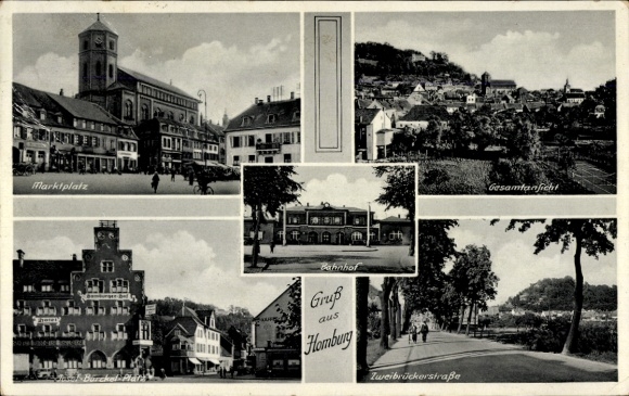 Postcard Homburg an der Saar Pfalz, train station, market square, general view, street view
