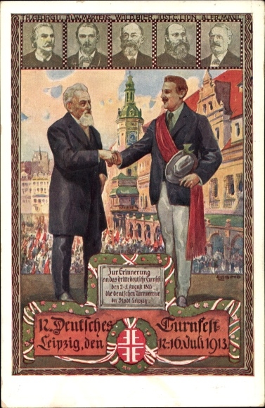 Artist Chromo-Litho Liebing, Leipzig in Saxony, 12th German Gymnastics Festival 1913, heart and hand to the fatherland