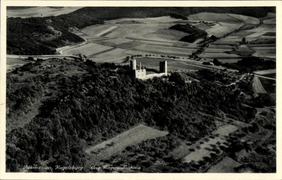 Postcard Volkmarsen in Hesse, aerial view of the Kugelsburg, surrounding landscape, black and white