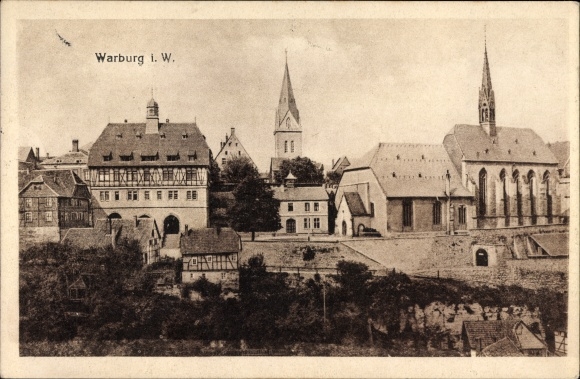 Postcard Warburg in the district of Höxter, partial view, church, city walls