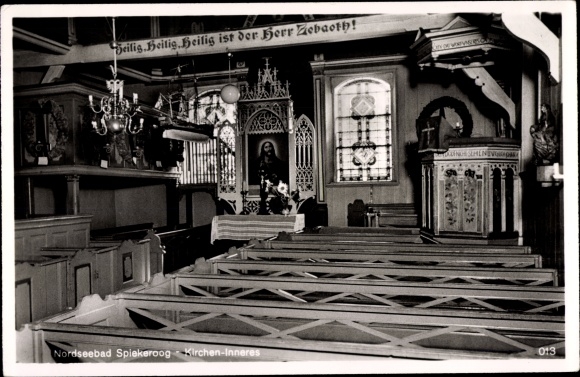 Postcard Spiekeroog, church interior, pulpit, altar