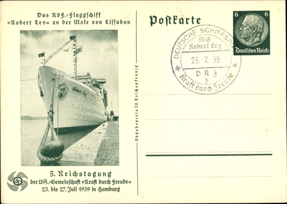 Postwaardekaart briefkaart KDF vlaggenschip Robert Ley, 5e KdF Reichstagung Hamburg 1939