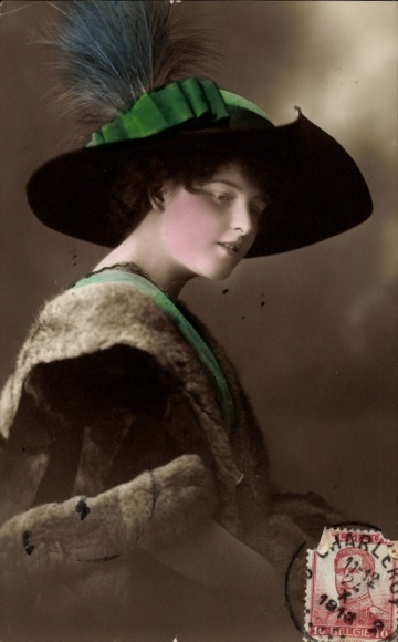 Postcard woman portrait, hat with feathers, coat