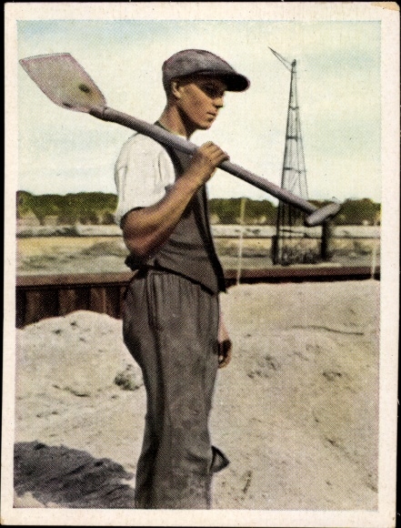 Collective picture The state of labor and peace, worker with shovel, Salem cigarette factory