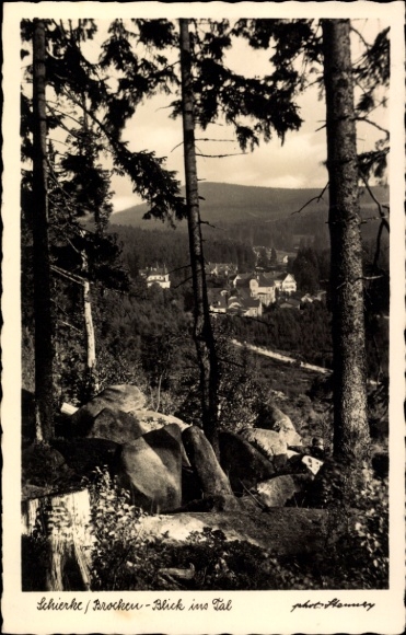 Postcard Schierke Wernigerode in the Harz Mountains, view of the valley, Brocken, trees, rocks