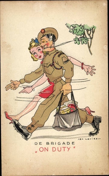 Artist Postcard Lavies, J., Canadian soldier with young woman, liberation of the Netherlands