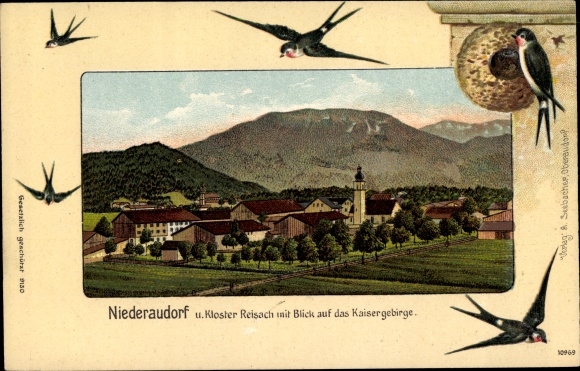Chromo-Litho Niederaudorf Oberaudorf in Upper Bavaria, long shot with Reisach Monastery and Kaiser Mountains, swallows