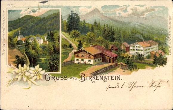 Chromo-Litho Birkenstein Fischbachau in Upper Bavaria, view of the chapel, farmhouses, mountains