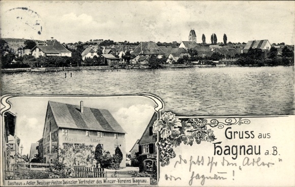 Ak Hagnau am Bodensee, Gesamtansicht, Gasthaus zum Adler, Inh. Anton Heinzler, Winzer-Verein