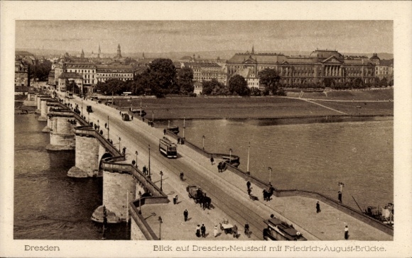 Postcard Dresden Neustadt, view of Dresden-Neustadt, Friedrich-August-Bridge, architecture, street