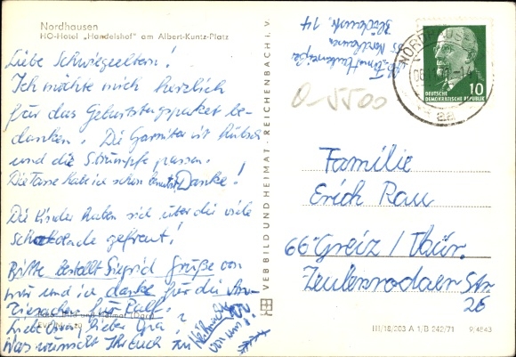 Postcard Nordhausen am Harz, HO-Hotel Handelshof on Albert-Kuntz-Platz