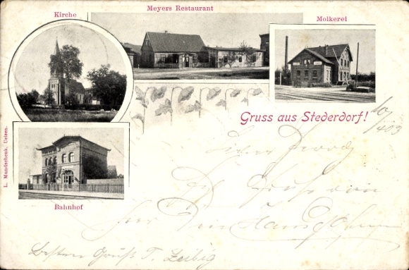 Postcard Stederdorf Peine in Lower Saxony, church, train station, Meyers Restaurant, dairy