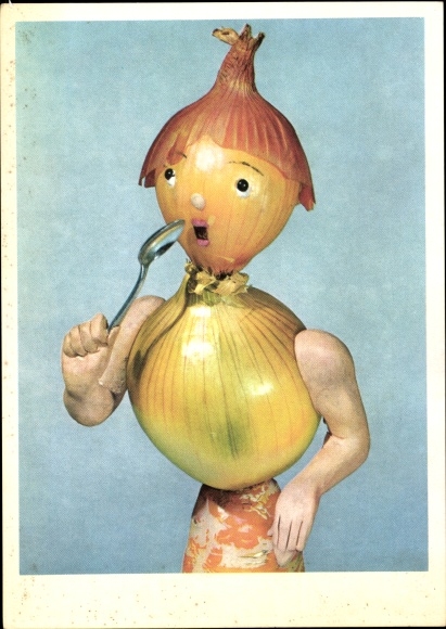 Postcard Woman made of onions with a spoon, humanized vegetation
