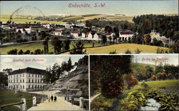 Ak Endschütz in Thüringen, wild in de Fuchstal, Gasthof zum Fuchstal, panorama