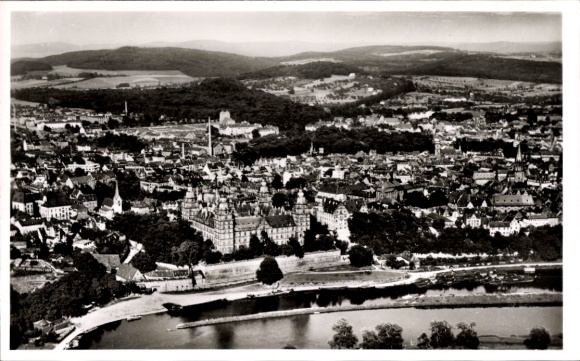 Postcard Aschaffenburg in Lower Franconia, aerial view of the Main, Johannisburg Castle, city view