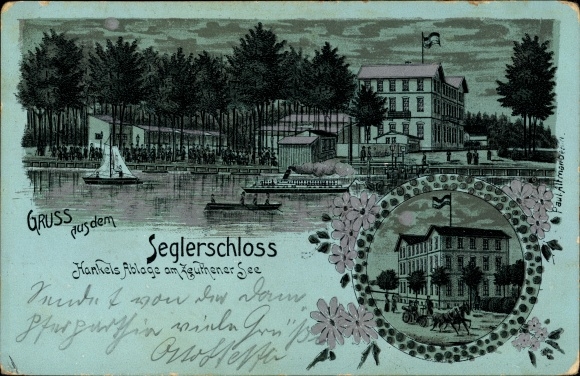 Moonlight litho Zeuthen in der Mark, sailing castle, Hankels deposit