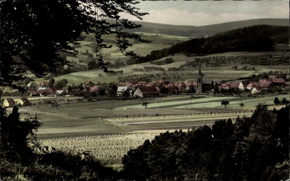 Postcard Alhausen Bad Driburg in Westphalia, landscape with fields, village view, church, hill in the background