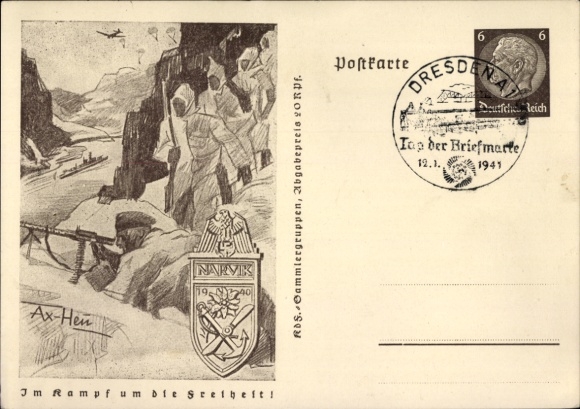 Postal stationery artist Postcard Axster Heudtlaß, In the fight for freedom, Narvik, mountain hunters in Norway