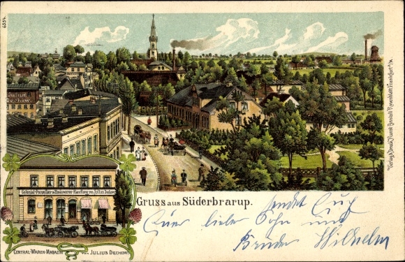 litho Süderbrarup in Fishing, goederentijdschrift van Julius Dechow, stadspanorama