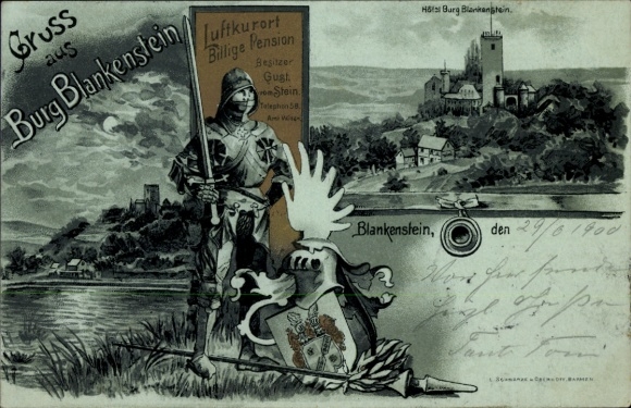 Wappen Mondschein Litho Blankenstein Hattingen im Ruhrgebiet, Burg Blankenstein, Hotel, Ritter