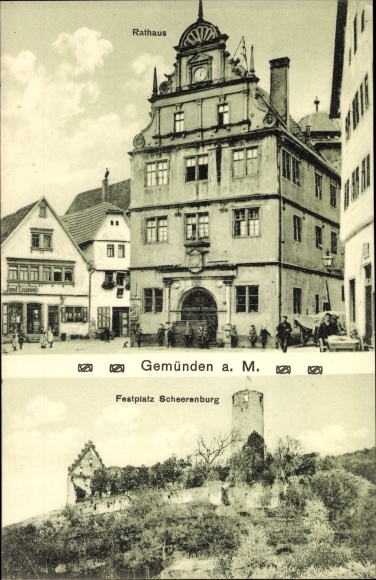 Postcard Gemünden am Main Lower Franconia, town hall, fairground Scheerenburg