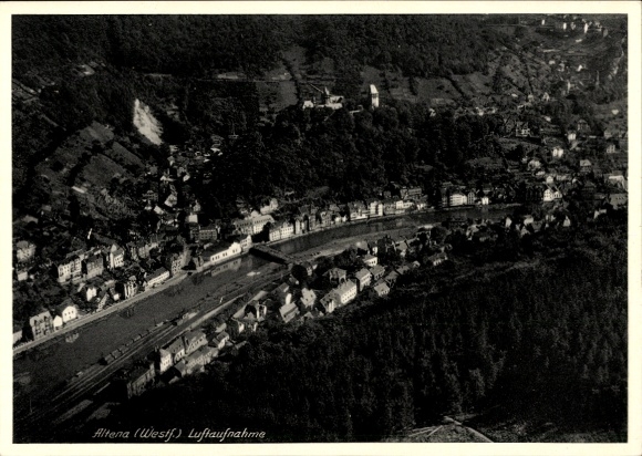Postcard Altena in Westphalia, aerial view of bridge, buildings