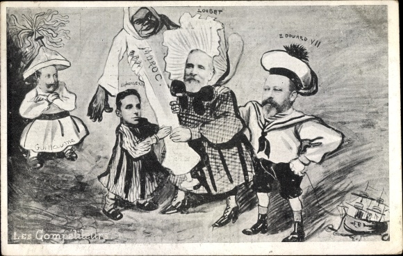Künstler Ak Kaiser Wilhelm II, Eduard VII, Alfons XIII, Emile Loubet, Marokko, Karikatur